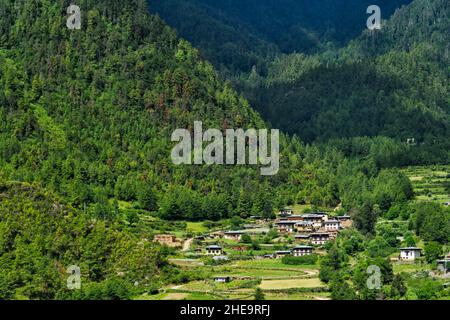 Case di villaggio e terreni agricoli in Himalaya, Haa, Bhutan Foto Stock