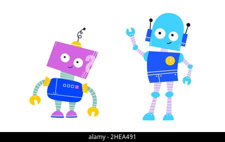 Felice divertente cartone animato personaggio robot infantile. Robot colorati per bambini con viso premuroso. Illustrazione vettoriale piatta isolata su sfondo bianco Illustrazione Vettoriale