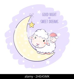 Cute pecora e agnello sulla luna. Iscrizione buona notte e sogni dolci. Cartoon pecora - mamma e bambino in mezzaluna. Può essere utilizzato per la stampa di magliette per bambini Illustrazione Vettoriale