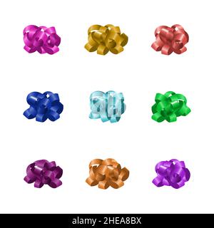 Set di archi colorati diversi per decorare scatole regalo isolato su sfondo bianco, illustrazione vettoriale. Illustrazione Vettoriale