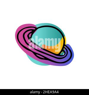 Adesivo per barbatella Bright Space. Pianeta Saturno disegnato a mano isolato su sfondo bianco. Sfumatura rosa, blu, verde neon colore oggetto astronomico. Astero Illustrazione Vettoriale