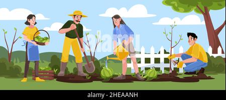 Giardinaggio o lavori agricoli in giardino. Uomini e donne agricoltori e cottagers piantare alberi, annaffiare cocomeri e raccolto. Personaggi contadini felici che lavorano in frutteto, Cartoon illustrazione vettoriale Illustrazione Vettoriale