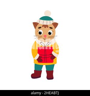 Gatto carino in abiti invernali con un regalo nelle sue mani. Illustrazione vettoriale in stile piatto. Isolare Illustrazione Vettoriale