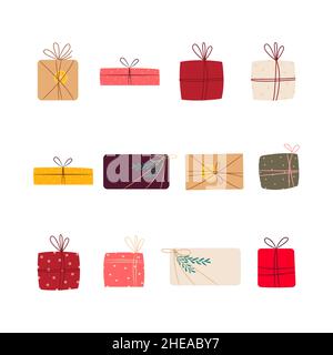 Set di diverse confezioni regalo. Illustrazione vettoriale in cartoncino piatto Illustrazione Vettoriale