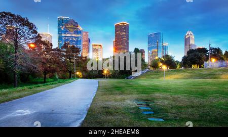Skyline del centro di Houston in Texas USA al crepuscolo Foto Stock