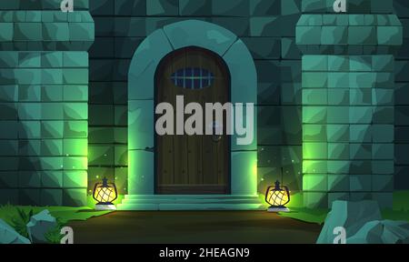 Antico castello medievale in legno con muro di mattoni, pietre e due luci di strada. Scena notturna. Illustrazione vettoriale per il gioco 2D. Illustrazione Vettoriale