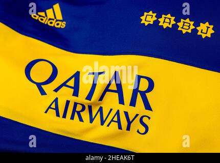 Primo piano della maglia Boca Juniors. Foto Stock
