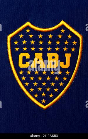 Primo piano della maglia Boca Juniors. Foto Stock
