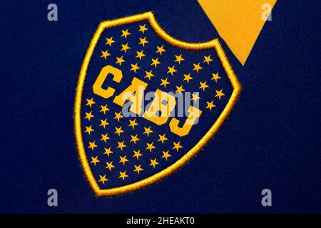 Primo piano della maglia Boca Juniors. Foto Stock