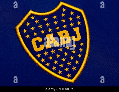 Primo piano della maglia Boca Juniors. Foto Stock