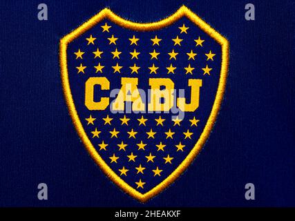 Primo piano della maglia Boca Juniors. Foto Stock
