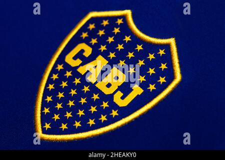 Primo piano della maglia Boca Juniors. Foto Stock