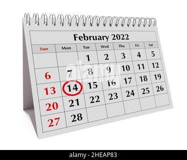 Calendario a foglia libera con il mese di febbraio 2022 e cerchiata il giorno 14 per San Valentino. 3d rendering Foto Stock