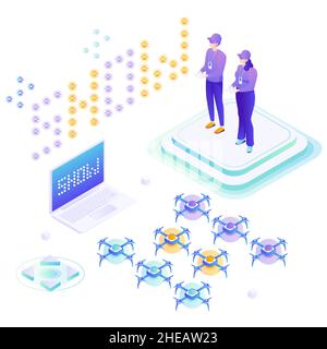 Drone show, persone che utilizzano telecomandi, disegno isometrico vettoriale piatto. Display quadricottero con telecomando. Illustrazione Vettoriale