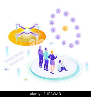 Persone spettatori che godono di droni spettacolo di luce, vettore isometrico illustrazione. Display con droni. Illustrazione Vettoriale