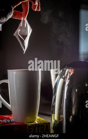 Passaggi per preparare il tè, bollire l'acqua. Diversi tipi di tè richiedono una temperatura dell'acqua diversa per l'estrazione. Mettere il sacchetto del tè nella tazza e aggiungere acqua calda.tazza perfetta Foto Stock