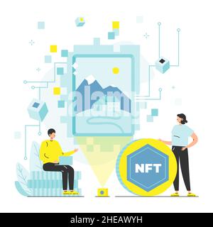 Art collector acquistare NFT crypto art per criptovaluta, illustrazione vettoriale. NFT Art. Token non-fungibile. Illustrazione Vettoriale