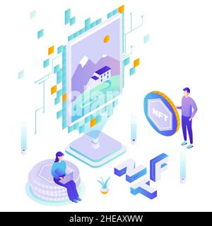 Artista che vende token nft per criptovaluta, illustrazione isometrica vettoriale. Cripto art digitale token non-fungibile. Illustrazione Vettoriale