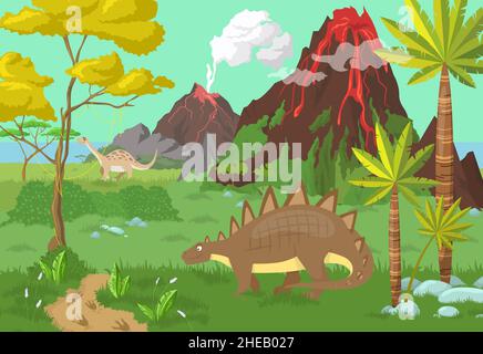 Scena preistorica con dinosauri che vagano vicino a vulcani attivi, palme, illustrazione vettoriale. Paesaggio giurassico. Illustrazione Vettoriale