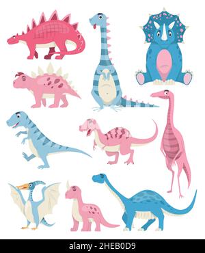Set di personaggi dei dinosauri cartoni animati, illustrazione isolata dal vettore. Carino rosa e blu dinosauro preistorico animale, giocattolo collezione Illustrazione Vettoriale