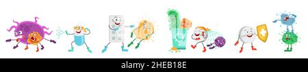 Pillole supereroi. Tablet, capsule, divertenti personaggi cartoni animati super eroe che combattono batteri, virus, illustrazione vettoriale. Illustrazione Vettoriale