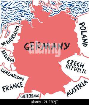 Mappa stilizzata a mano vettoriale dei paesi vicini alla Germania. Illustrazione di viaggio. Illustrazione della geografia della Repubblica federale di Germania. Mappa Europa e Illustrazione Vettoriale