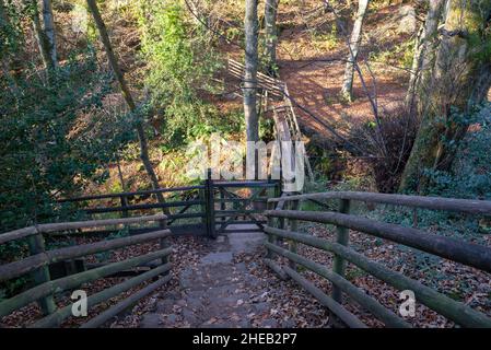 Ponte sul torrente sul sentiero per Grindsbrook Clough vicino Edale nel parco nazionale del Peak District, Derbyshire, Inghilterra. Foto Stock