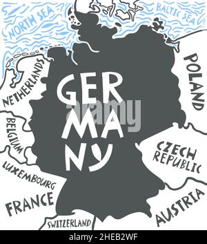 Mappa stilizzata a mano vettoriale dei paesi vicini alla Germania. Illustrazione di viaggio. Illustrazione della geografia della Repubblica federale di Germania. Mappa Europa e Illustrazione Vettoriale