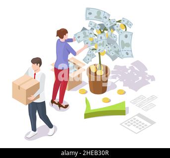 Uomini d'affari che raccolgono denaro, illustrazione isometrica vettoriale. Utile, reddito, crescita finanziaria degli investimenti aziendali. Illustrazione Vettoriale