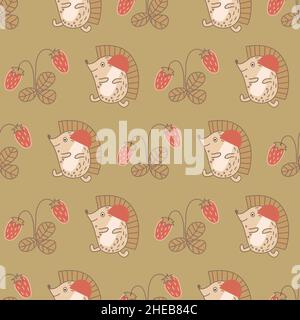 Modello senza cuciture con ricci, funghi e fragole su sfondo khaki. Illustrazione Vettoriale