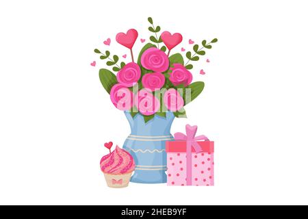 Bouquet di rose in vaso di fiori con foglie e cuori. Amore, romantico o decorazione di San Valentino isolato su sfondo bianco stock illustrazione vettoriale. Illustrazione vettoriale Illustrazione Vettoriale