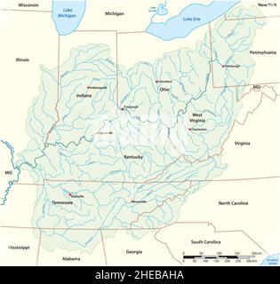 Mappa vettoriale bacino di drenaggio del fiume Ohio, USA Illustrazione Vettoriale