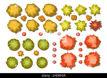 Set di alberi autunnali e beshes. Per la vista dall'alto orizzontale. Scena con piante gialle e arancioni dall'alto. Sopra la campagna. Isolato su bianco Illustrazione Vettoriale