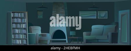 Soggiorno interno con poltrona e divano. Notte e buio. Accogliente camera con mobili, dipinti e scaffali. Sportello in vetro. Bel cartone animato Illustrazione Vettoriale