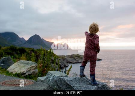 Bambino simpatico, godendo di una vista incredibile da una roccia a Husoy sull'isola di Senja, Norvegia settentrionale. Splendido paesaggio e splendida natura in scandinavia Foto Stock
