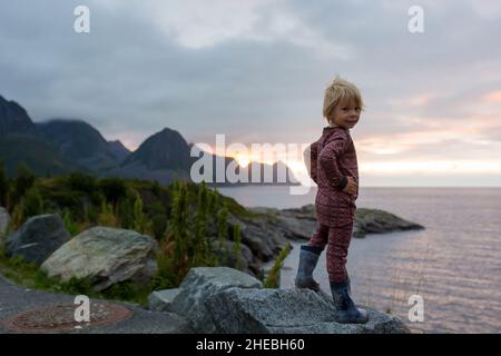 Bambino simpatico, godendo di una vista incredibile da una roccia a Husoy sull'isola di Senja, Norvegia settentrionale. Splendido paesaggio e splendida natura in scandinavia Foto Stock