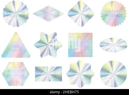 Adesivi olografici di qualità, etichette con sigillo ologramma, badge di garanzia. Sigilli con certificato d'argento in diverse forme, set di adesivi di qualità. Elementi realistici con gradiente di lamina isolati su bianco Illustrazione Vettoriale