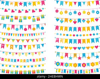 Bandiere decorative a grappolo, coloratissime ghirlande festive e  striscioni. Festa di compleanno decorazione raduni, garland carnevale e set  vettore bandiera. Arredamento appeso per feste e intrattenimento Immagine e  Vettoriale - Alamy