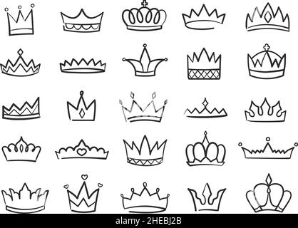 Logo corone disegnate a mano, re o regina corona doodles. Principessa tiara, diadema di schizzo con gemme preziose, simbolo reale doodle vettore set. Collezione di simboli royalty di lusso isolata in bianco Illustrazione Vettoriale