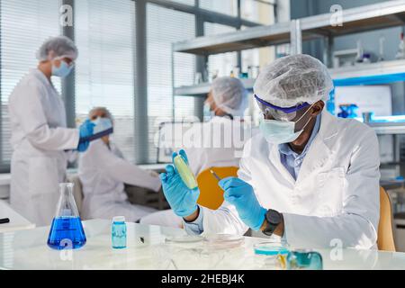 Scienziato africano in abbigliamento protettivo che prende il campione e lo esamina durante l'esperimento in laboratorio con i suoi colleghi in background Foto Stock