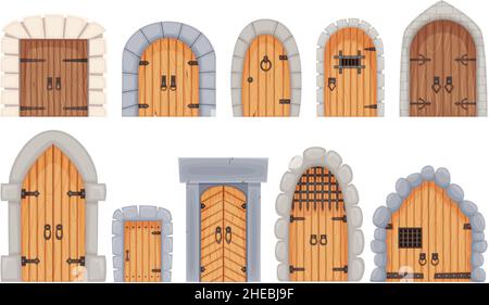 Porte d'ingresso del castello medievale Cartoon e porta sotterranea. Vecchie porte in legno con cornice in pietra, antico castello porta o vettore porta set. Porte ad arco gotico fiabesco per edificio storico Illustrazione Vettoriale