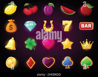 Icona di gioco di slot cartoon, simboli di gioco del casinò. Cherry, diamante, slot machine girando corona, gioco d'azzardo online, giochi mobili icone vettoriali set. Elementi gui isolati per applicazioni mobili Illustrazione Vettoriale