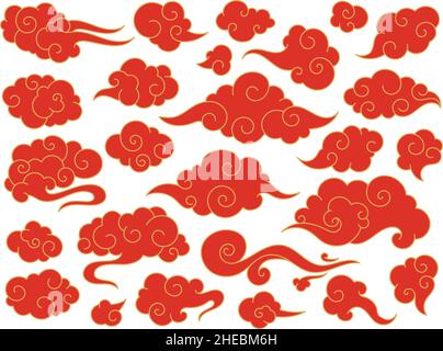 Nuvole rosse cinesi, fumetti giapponesi in stile orientale. Ornamenti asiatici tradizionali festive, elementi decorativi del cielo giapponese set vettoriale. Vento soffiato, condizioni meteorologiche cartoni animati simboli Illustrazione Vettoriale