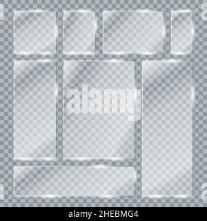 Set di piastre in vetro trasparente. Finestra in vetro trasparente realistica in cornice rettangolare. Illustrazione vettoriale Illustrazione Vettoriale
