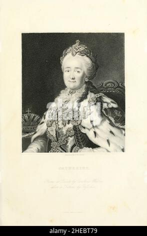 L'imperatrice Caterina II (nata Sophie di Anhalt-Zerbst; 2 maggio 1729 – 17 novembre 1796[b]), più comunemente conosciuta come Caterina la Grande,[c] è stata l'ultima imperatrice regnante della Russia (dal 1762 al 1796) e la leader femminile più longeva del paese. Venne al potere dopo il rovesciamento del marito e della seconda cugina, Pietro III Sotto il suo regno, la Russia crebbe più grande, la sua cultura fu rivitalizzata, e fu riconosciuta come una delle grandi potenze d'Europa. Dal libro la storia illustrata della guerra contro la Russia (Guerra di Crimea Ottobre 1853 - Febbraio 1856) di Edward Henry Nolan, pub Foto Stock