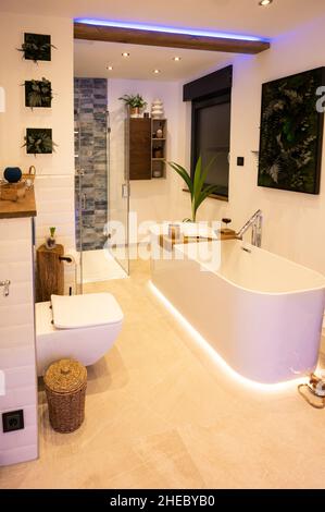 Bagno moderno con vasca indipendente, rubinetti moderni e illuminazione a LED indiretta Foto Stock