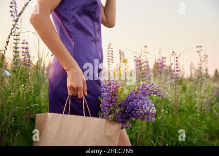 Donna in abito viola con borsa artigianale di lupinus nel prato. Lupin, campo di lupini con fiori viola al tramonto. Concetto di shopping di prodotti naturali. Benessere e concetto naturale. Foto Stock