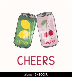 Poster con lattine in alluminio per bibite analcoliche sono occhiali inclinati. Soda di ciliegia non alcolica gassata e limonata con scritta cheers. Vettore disegnato a mano i Illustrazione Vettoriale