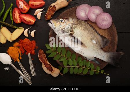 Pesce fresco crudo e ingredienti alimentari, cucina tradizionale di curry di pesce in stile Kerala Foto Stock