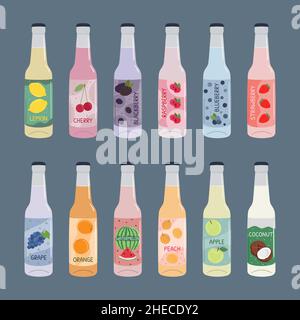Set di bevande analcoliche in bottiglie di vetro con soda e limonata. Acqua non alcolica gassata con aroma di frutta e bacche. Illustrazione vettoriale disegnata a mano Illustrazione Vettoriale